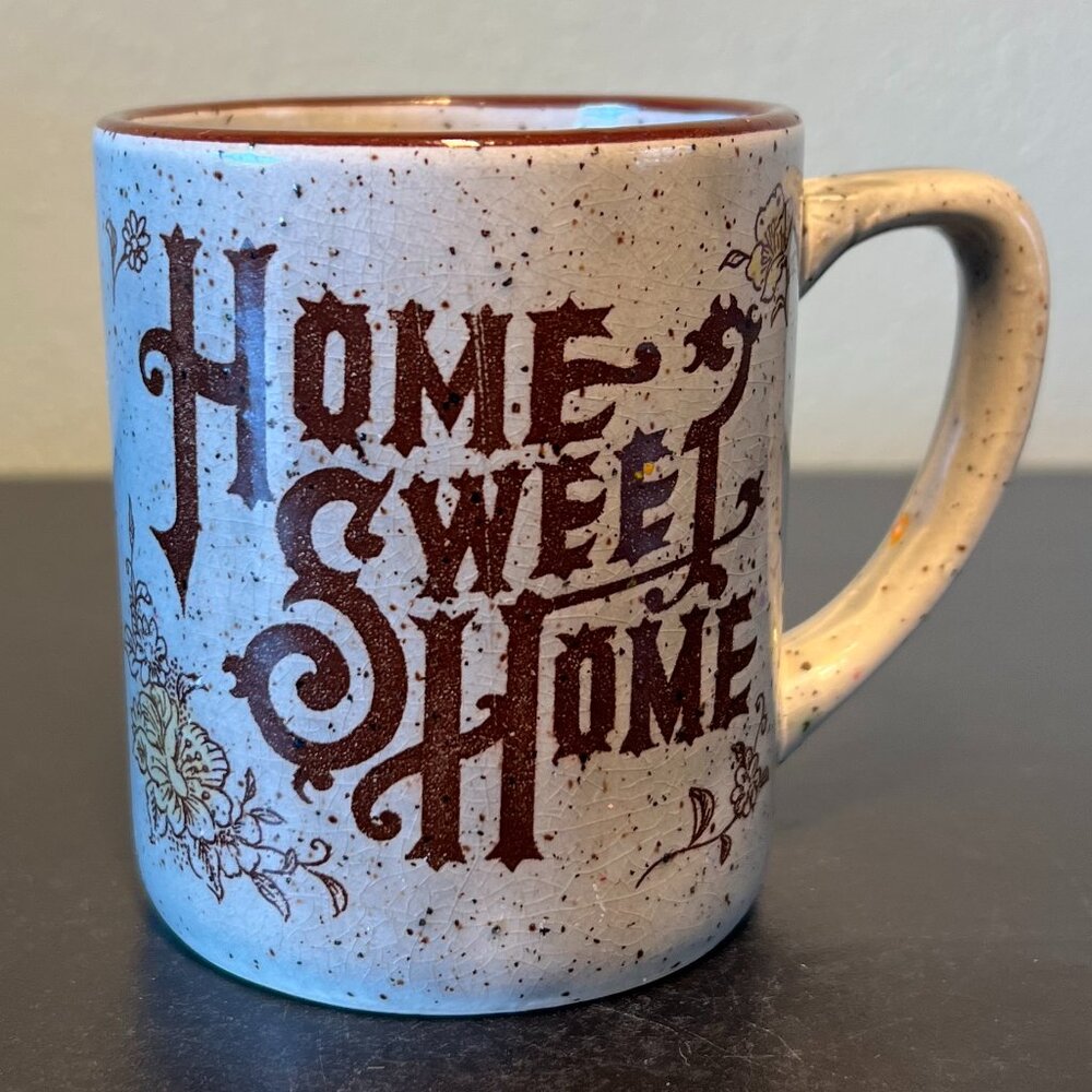 Otagiri JAPAN Vintage HOME SWEET HOME Floral Coffee Cup Mug Gray Brown Speckles